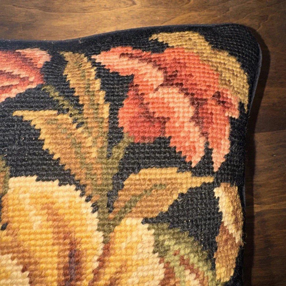 Vintage Floral Wool Black Needlepoint Throw Pillow Cottage Decor 11